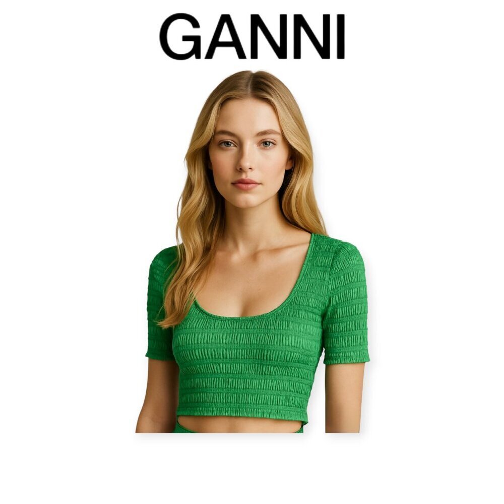 Ganni Green Smocked Crop Top XS Square Neck Short Sleeve Stretch Recycled Summer